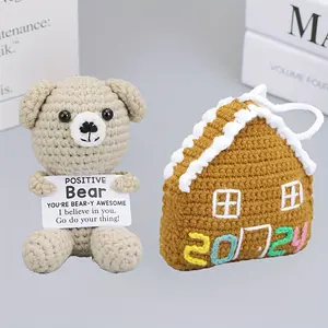 Handmade Crochet Decompression Bear + House – Emotional Support & Stress Relief Plush, Positive Inspirational Doll with Card, Plush Keychain, Backpack Charm, Desk Decor, Birthday & Christmas Gift，New Year gift