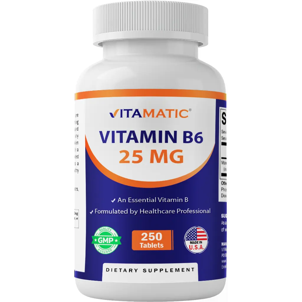 Vitamatic Pyridoxine HCI Vitamin B6 Dietary Supplement - 25 mg, 250 Vegetarian Gluten-Free Tablets, US Formula for Energy Production, Metabolism & Cardiovascular Support, Vegetarian, Immunity, No-Sugar, Water-Soluble Vitamins Supplements, Vegetarian Vitam