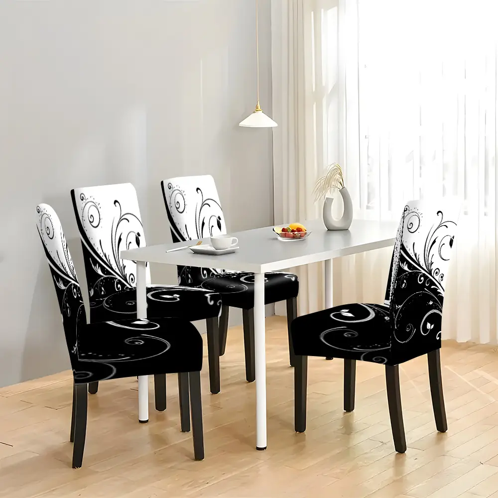 Black White Swirl Floral Stretch Fabric Parsons Chair Covers - Modern Abstract Slipcovers with Slipcover Fit, 4PC/6PC Set