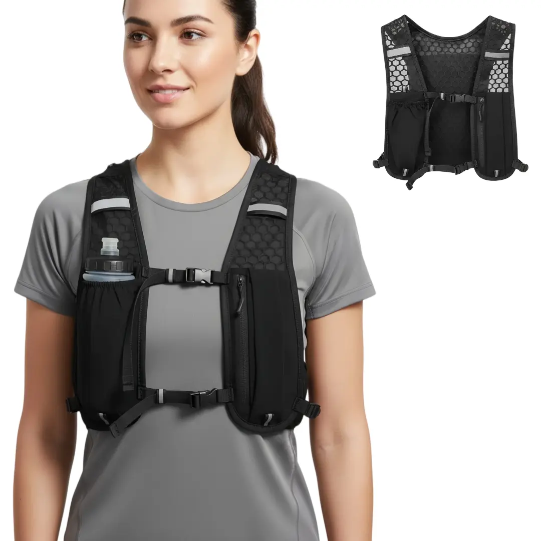 Unisex Lightweight Hydration Vest - Reflective Trail Running Backpack with Water Bottle Holder, Adjustable Straps for Marathon, Cycling, Hiking, Vest Shape, Outdoor Sports, Snug Straps