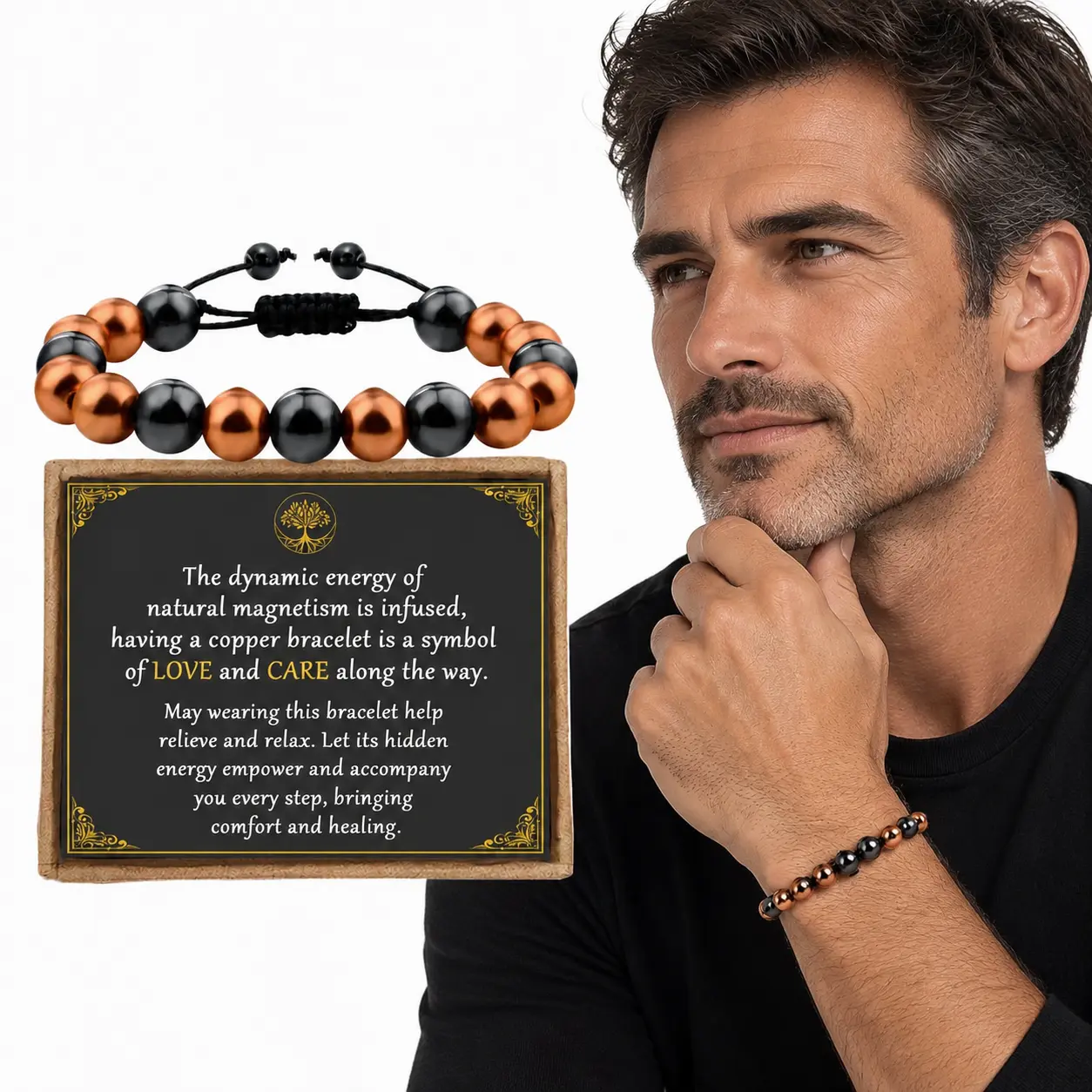 3500-Gauss Magnetic Bead Bracelet: A Combination of 99.99% Pure Copper and Hematite. Genuine copper jewelry ideal as a gift for fathers or elders. Features natural energy stones that promote balance and vitality