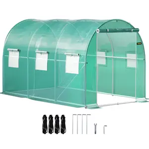 VEVOR 12 x 7 x 7 ft Walk-in Tunnel Greenhouse, Portable Plant Hot House with Galvanized Steel Hoops, 1 Top Beams, 2 Diagonal Poles, 2 Zippered Doors & 6 Roll-up Windows, Green