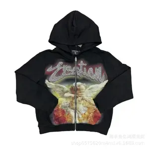 Mixed Emotion Angel Rhinestone Zip Up Hoodie