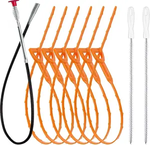 35.5inch Drain Clog Remover(1pcs), 25inch Drain Snake Hair Remover(6pcs) ＆ Cleaning Brush(2pcs), Hair Catcher Drain Auger Cleaner Tool Set For Toilet, Kitchen Sink, Bathroom Tub, Sewer, 9 Pack