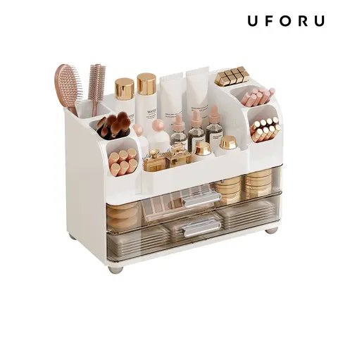 UFORU Multifunctional Storage Bin - ABS Plastic 2-Drawer Organizer with Large Compartments, Brush Holders, Container, 2 Drawer Sort, for Vanity, Gifts for Female Adults, Storage Organization Solution