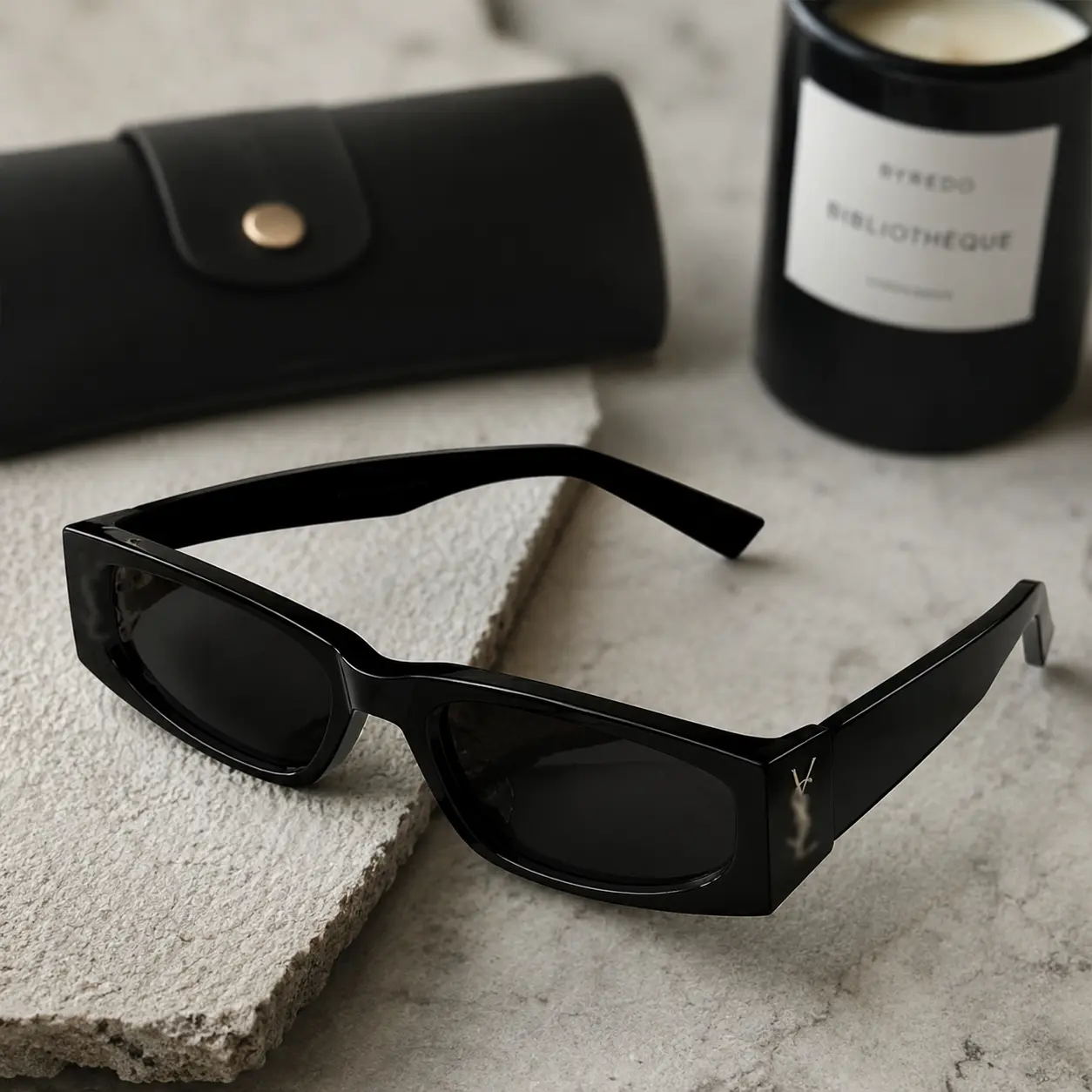 Black Narrow Rectangle Sunglasses for Women & Men, Trendy Thick Frame UV Protection Shades, Vintage Designer Style Eyewear for Driving, Beach, Party & Everyday Wear, Comes with Leather Case