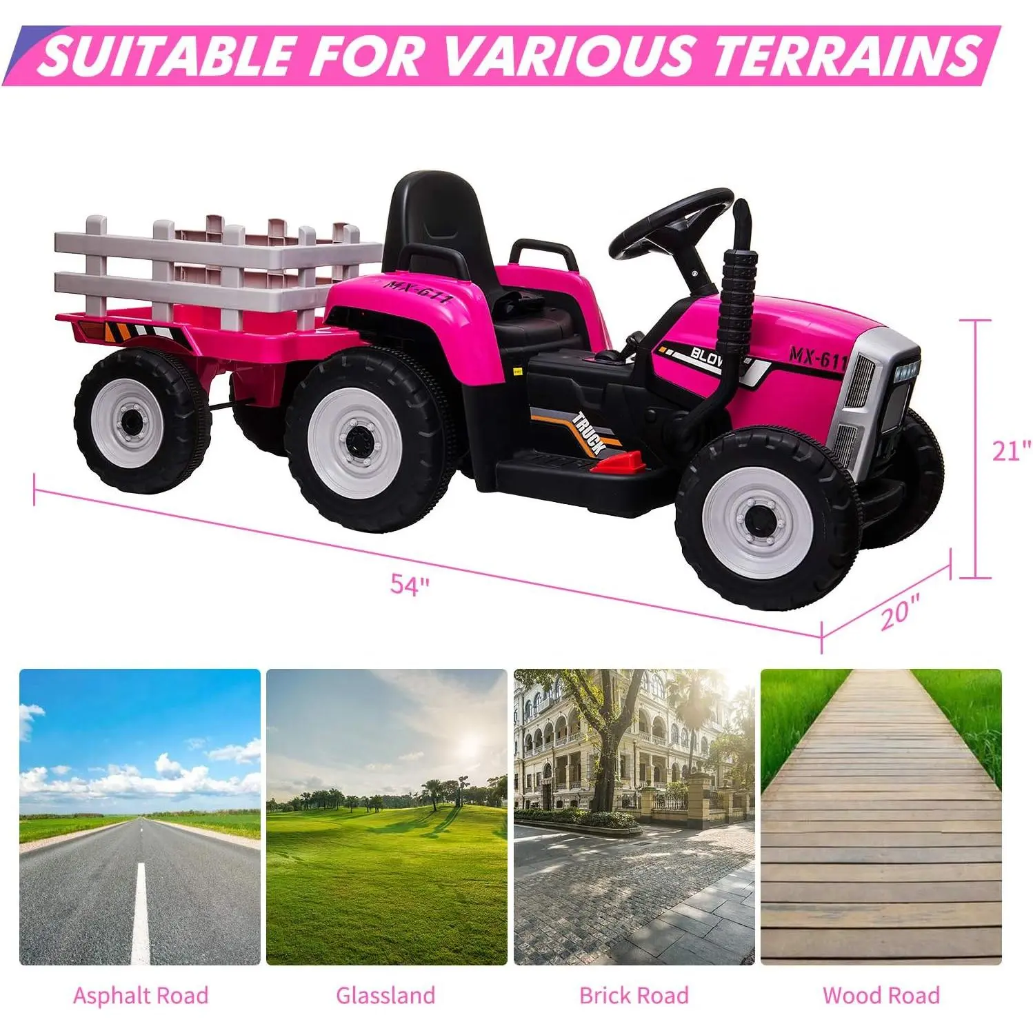 Multiple colors/finishes 12V Kids Electric Tractor With Trailer Remote Control 7 LED Lights MP3 Player And EVA Tires Rose Red Trike