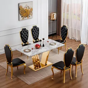 Marble Dining Table for 6,Rectangular Dining Table,70" Rectangle Faux Marble Dining Room Kitchen Table with Mirrored Stainless Steel Base,Suitable for Dining Room, Office, Kitchen Home(Only dining table,excluding chairs)
