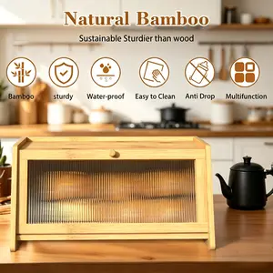 [HUOMAQFAN]  Airtight Bamboo Bread Box, Farmhouse Corner Bread Storage Container for Kitchen Countertop, Homemade Toast Loaf Keeper