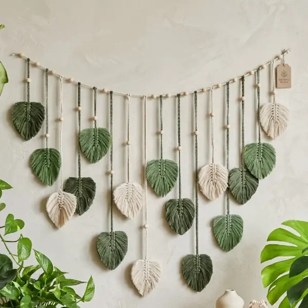 Bohemian Macrame Leaf Wall Hanging 39x15" | Green & Cream Woven Tapestry with Wood Beads | Boho Decor for Bedroom/Kitchen/Dining/Bathroom | Gift for Mom & Home Lovers