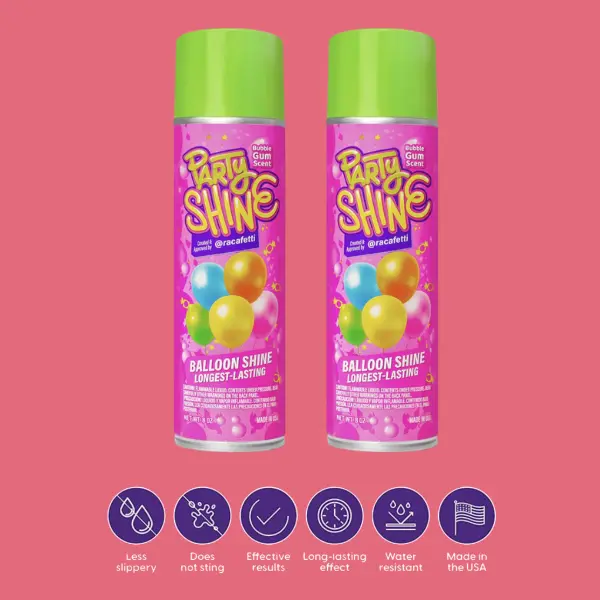 Party Shine Bubble Gum Balloon Shine Spray, Silicone Spray for Latex Balloons, Sweet Bubble Gum Scent, Waterproof, Non-Slip Formula, Balloon Spray Shine Perfect for Party Decorations, Glossy & Shiny, 8oz (2 Pack)