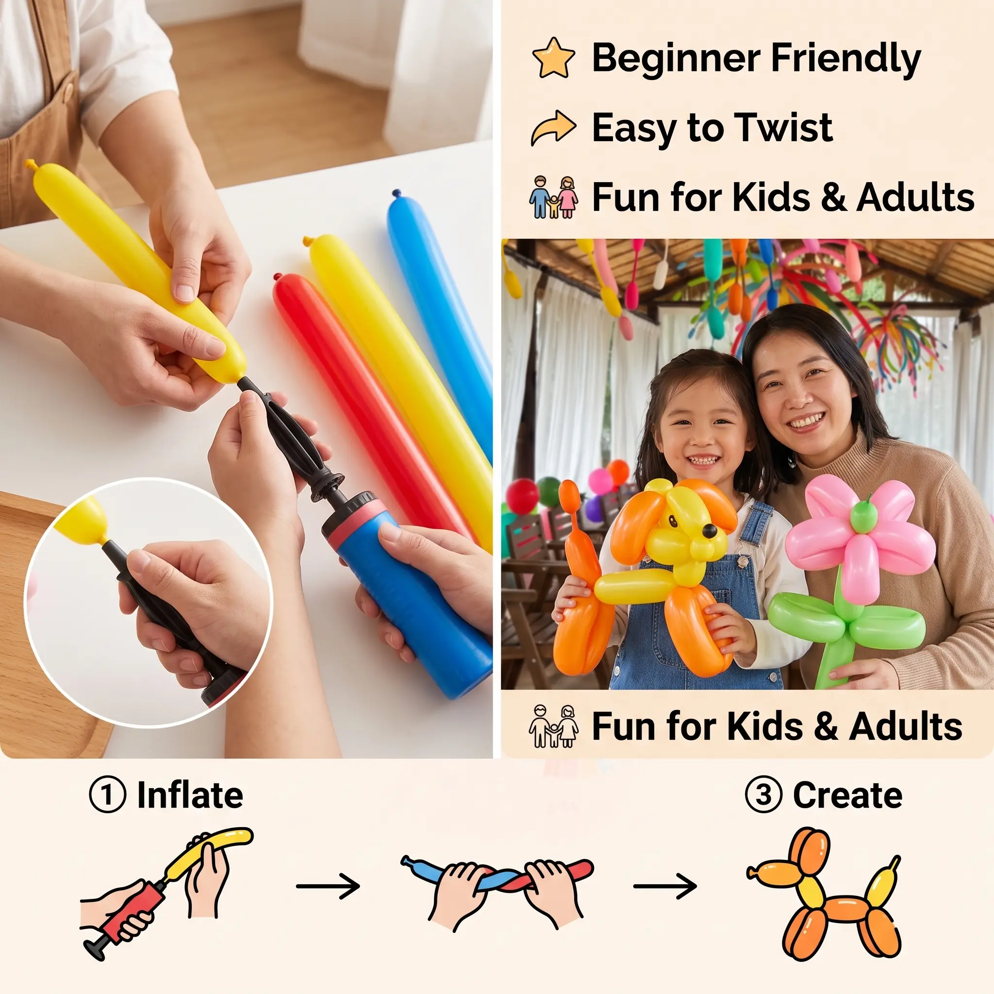 Dopamine Color Twisting Balloon Kit with Pump & Tying Tool, 30 Long Balloons for Balloon Animals, Flowers & DIY Crafts, Party Decorations, Birthday Supplies for Kids & Adults
