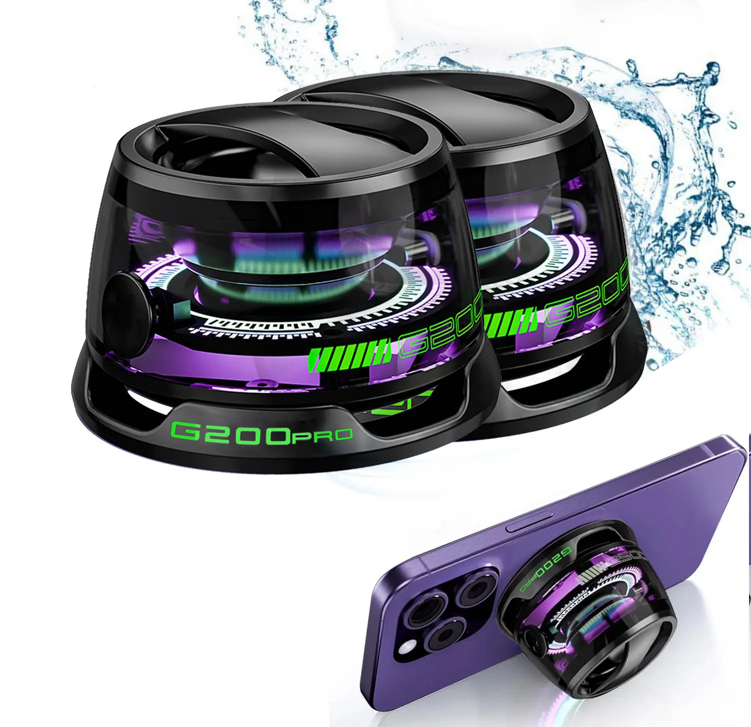2-Piece Compact Wireless Speakers (G200pro Black+Black) - Multi RGB Color Light Show, 3D Sound, TWS Pairing, Phone Stand for iPhone & Android, Water Resistant, Stereo Home Cinema Audio Device, Music Setup 2-Piece Sets, Two Piece Sets, 3D Sound Speakers
