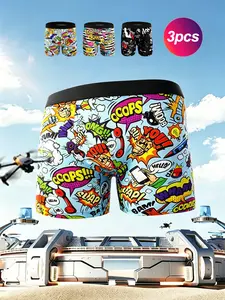 3-Pack Men's Graffiti Print Boxer Briefs, Street Style Breathable Trunks, Casual Loose-Fitting Underwear, All-Over Print, Sporty Design