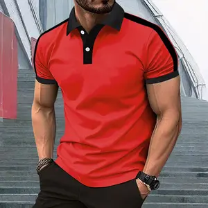 Men's fashionable casual short-sleeved red polo shirt, men's summer solid color contrasting panel lapel top Menswear