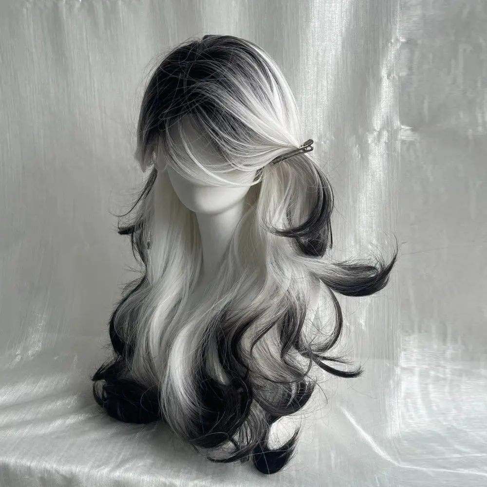 Long Black Ombre White Colored Wig - Fluffy Synthetic Wig, Soft Waves, Heat-Resistant for Cosplays, Fluffy Synthetic Wigs, Heat-Resist.