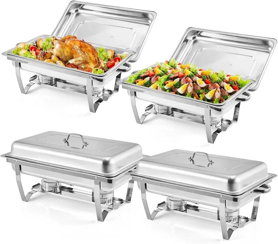 4-Pack 8 Qt Stainless Steel Buffet Chafing Dish Set, Portable Buffet Ware Warmers with Lids, Curved Handles, Serving Tray, Pans, Quick-Fold Solid Metal Aluminum Food Containers for Modern Kitchens, Christmas Gift, Chafing Dishes, Modern Kitchen, Serves So