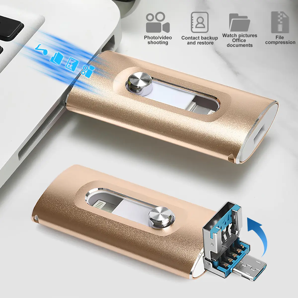 4-in-1 USB Flash Drive 64GB/128GB/256GB, Multi-Port Photo Stick with Lightning, USB-A, Micro USB & USB-C Adapter, Portable Storage for iPhone, iPad, Android, PC and Mac