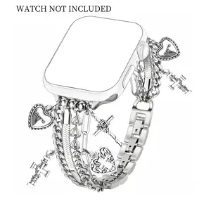 Fashion metallic Watch Band, Cuban Chain Watch Band with Shiny Cute Heart Pendant, Wearable Accessories Compatible with iWatch Series 10 9 8 7 6 5 4 3 SE Ultra 2 Smart Watch Straps