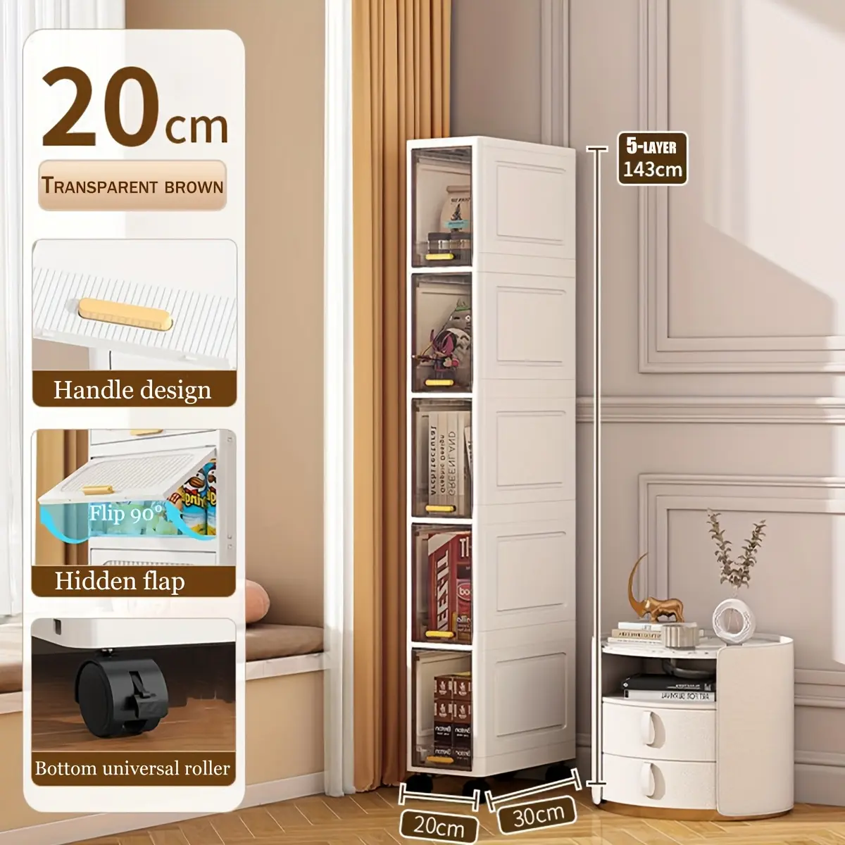 A multi-functional Home Storage Cabinet, Drawer Cabinet, Cupboard Furniture, available in 3,4, or 5 tiers, designed to be dust-proof and foldable, equipped with pull-out shelves and covered storage boxes, ideal for organizing snacks, clothes, and books