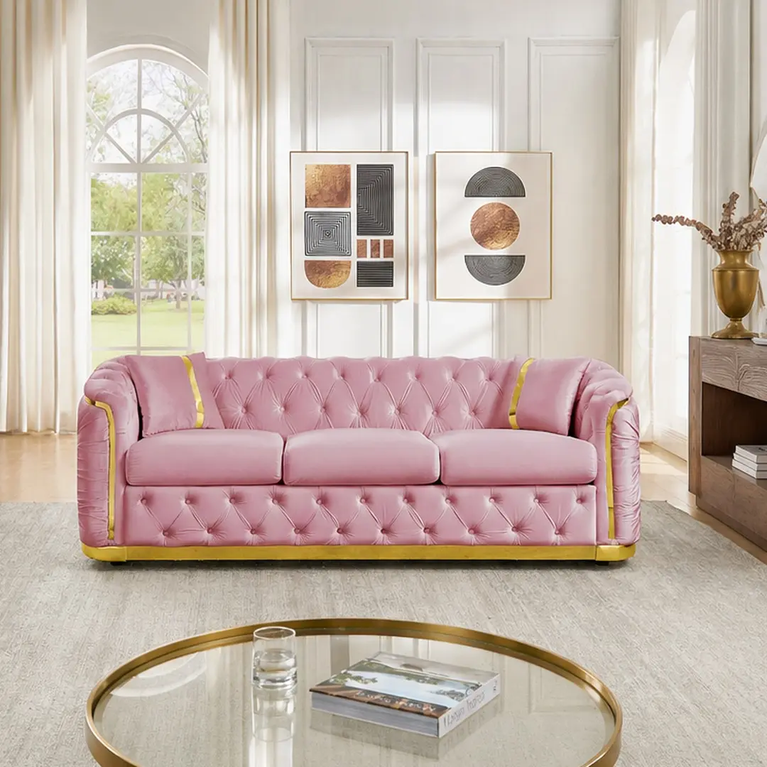 84.6" Long Mid-Century Modern 3-Seat Chesterfield Velvet Sofa - Luxury Indoor Furniture with Gold Stainless Steel Trim, Button Tufted Rolled Arms, 2 Pillows, Wood Frame, Blush Pink Option