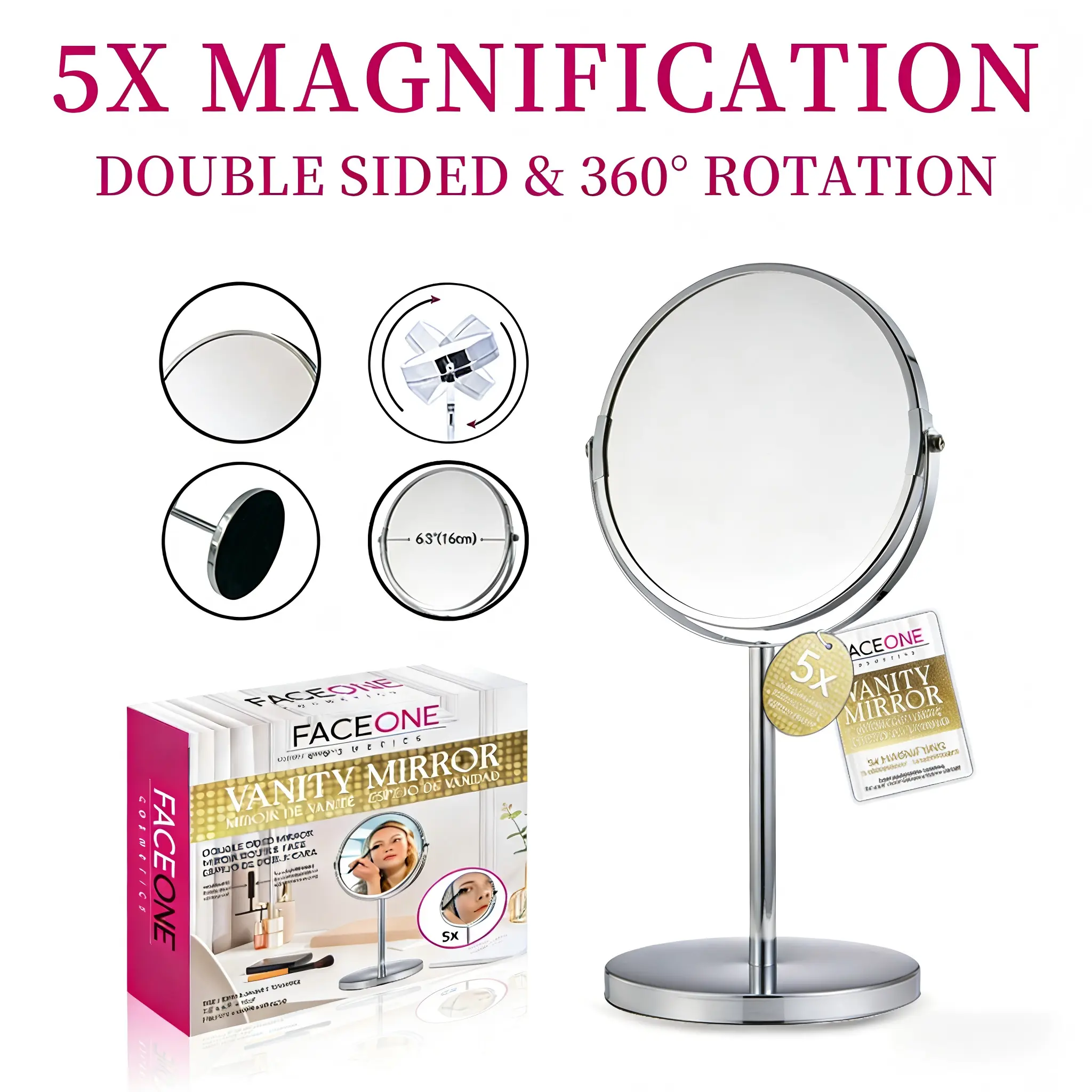 5X Double-Sided Magnifying Mirror - 360° Rotatable Dual-Lens Mini Multi-Focus On-the-Go Handheld Makeup Vanity Mirror for Dressing Table, Travel, Dual-Lens Handheld Mirrors