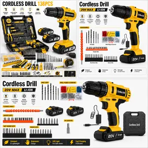 20V Cordless Drill Set, 136PCS Power Tool Kit with 2 Batteries for Home DIY Repair