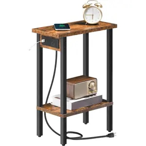 Narrow Side Table, 2-Tier Slim End Table with Charging Station, Skinny Nightstand with Open Storage, for Small Spaces, Living Room, Bedroom, Study, Rustic Brown and Black BF240UBZ01