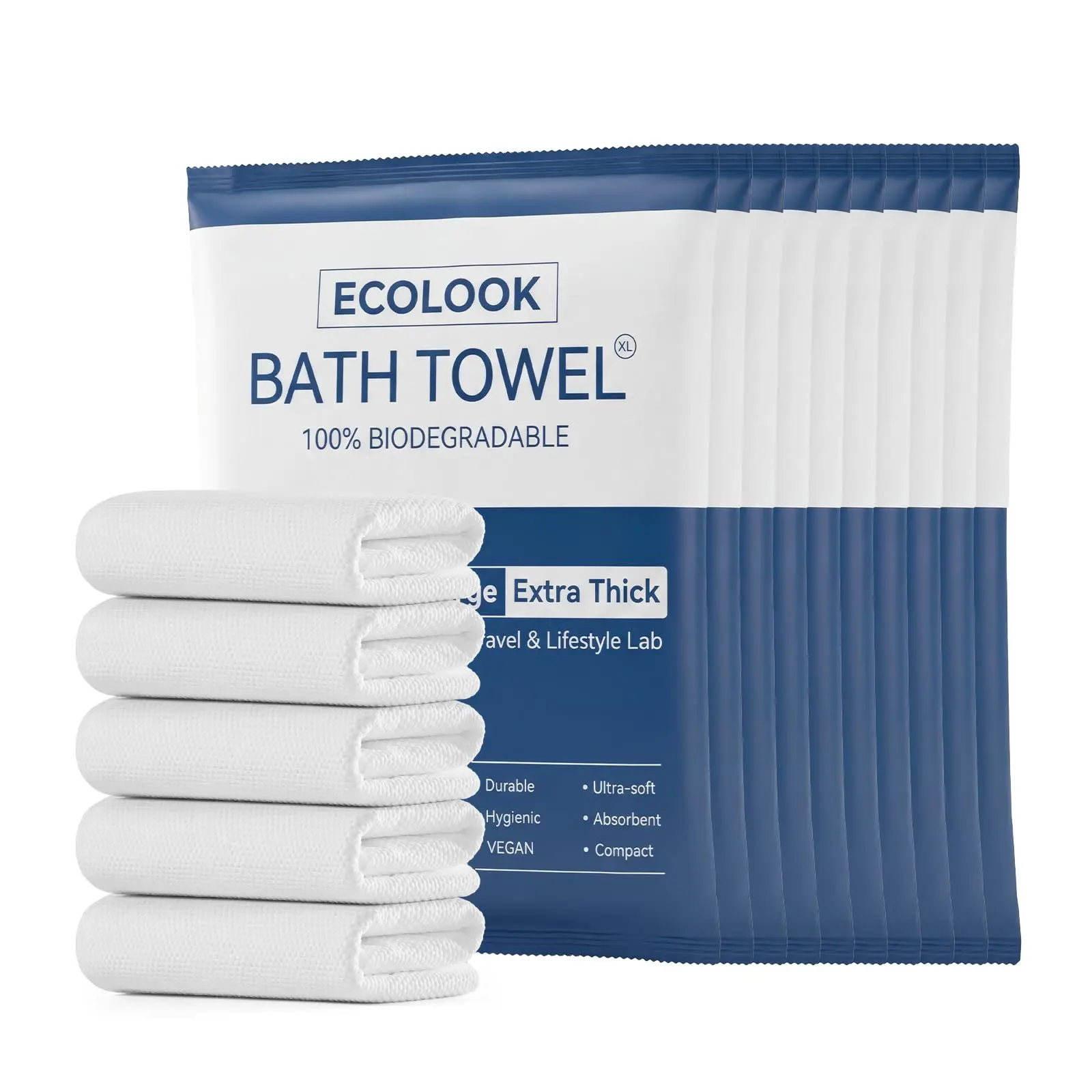 ECOLOOK 10-Pack Disposable Bath Towels for Travel, Extra Large 31"x63", 100GSM Plant Fiber, Dual Texture Soft & Quick-Drying Disposable Towels for Hotel Camping Beach Swimming Gym Sauna Spa