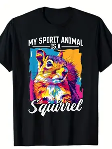 Men'S Funny Squirrel Spirit Animal Graphic T-Shirt - 100% Retro Bold "My Spirit Animal Is A Squirrel" Print with Color Splash Design, Glossy Finish Crew Neck Short Sleeve Tee for Casual, Parties, Beach & Outdoor Activities - All-Season Comfortable F