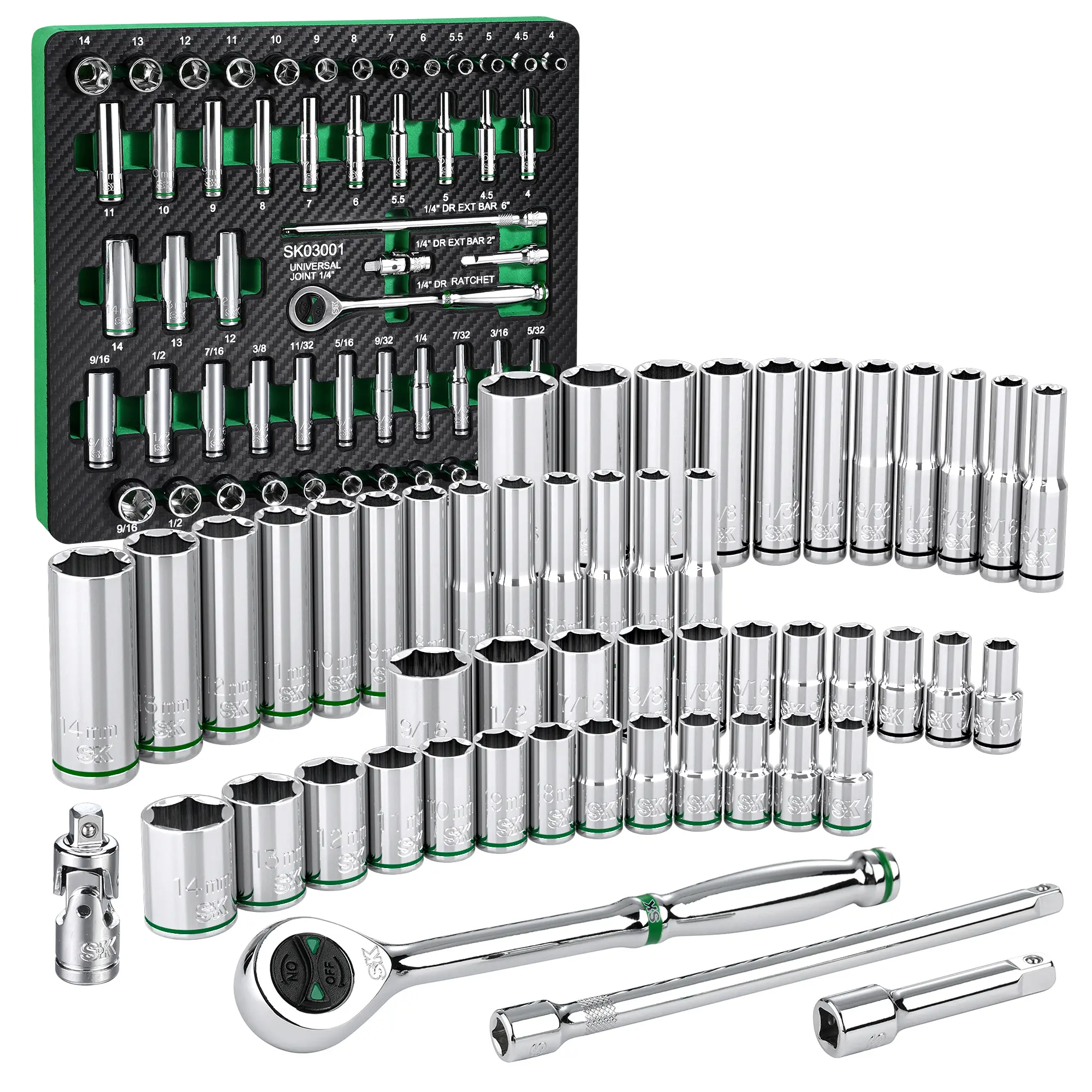 #toolupgrade SK 1/4" Drive Socket Set with 160-P Ratchet, 52-Pack, SAE & Metric, SuperKrome Finish, Premium CR-V Construction, with EVA Foam Tool Organizer