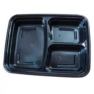 33 oz Rectangular Container 3 Compartments Black Base Clear Lid - 150/Case