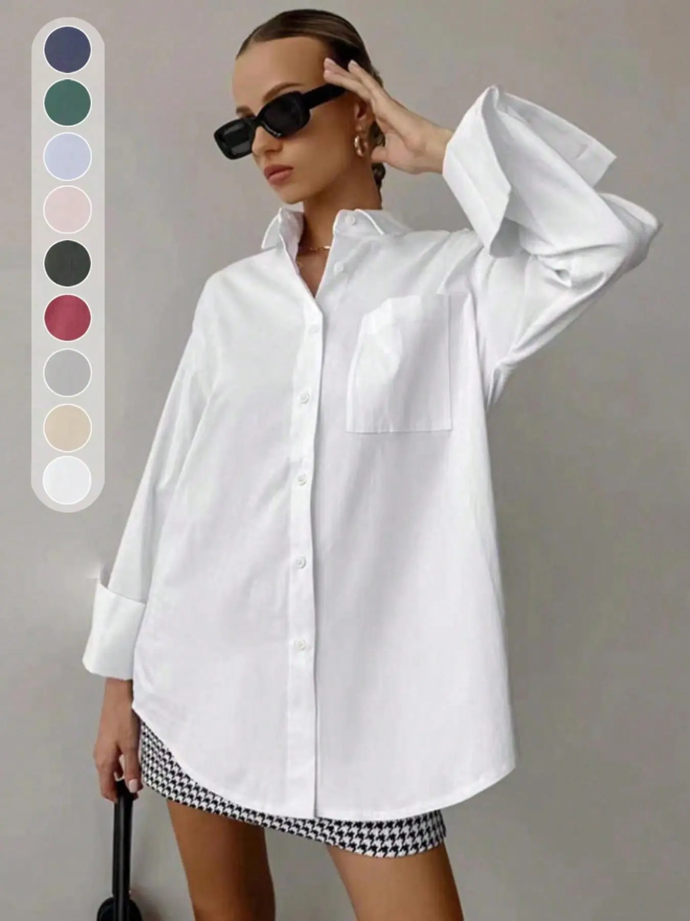 Women Solid Color Loose Long Sleeved Casual Buttons Collared Business Interview Commuting Casual Relaxed Feeling Simple Shirt Blouse Back to School Clothes Graduation outfit Office outfit Spring Summer Autumn