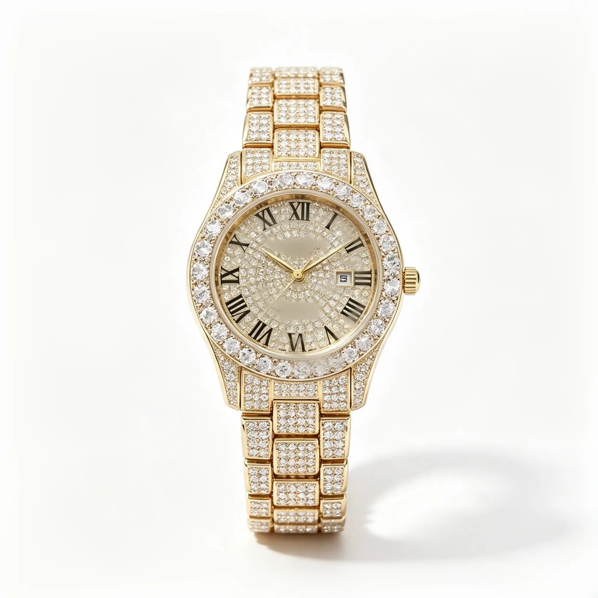 GD260 Full Diamond Paved Gold Ladies Wrist Watch Roman Numeral Dial Calendar Luxury Quartz Stainless Steel Bracelet Watch