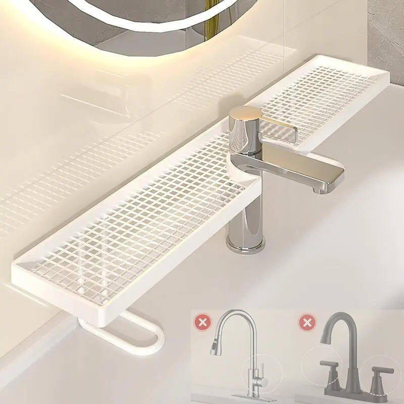 Carbon Steel Minimalist Bathroom Vanity Counter Storage Rack - 19.7x4.3in No-Drill Rectangular Shelf, Moisture-Proof Mold-Resistant Waterproof Racks & Displays for Skincare, Toiletries (Check Compatible Faucets; Not for Circular Pools)