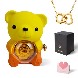 Mother’s Day Gift – Real Rose Bear with Yellow Gradient & Double Heart Necklace, Romantic Keepsake for Mom, Grandmom, Girlfriend, Wife