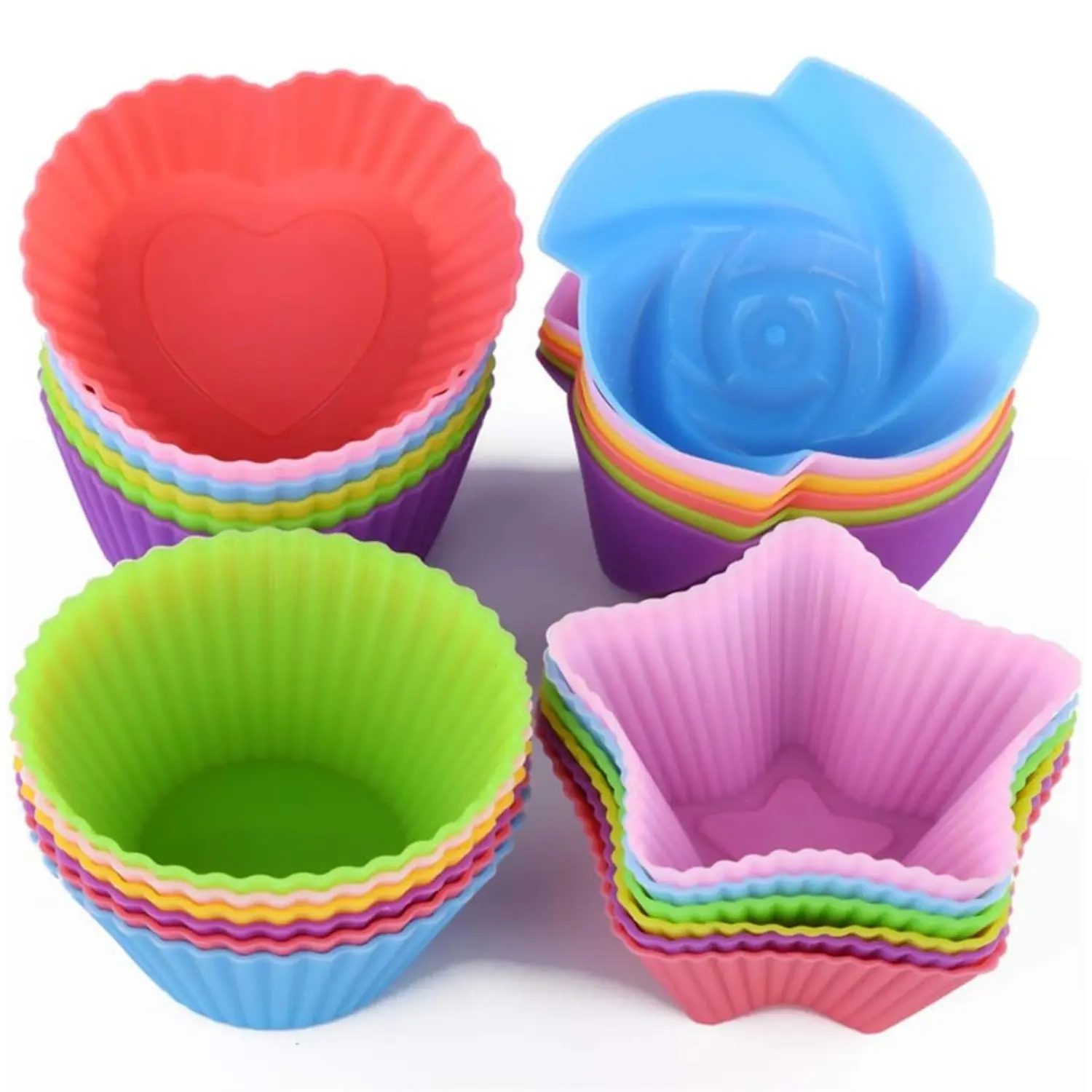 24PCS 2.75 Inch Silicone Cupcake Liners Reusable Baking Cups Nonstick Easy Clean Pastry Muffin Molds, 4 Shapes - Round, Stars, Heart, Flowers