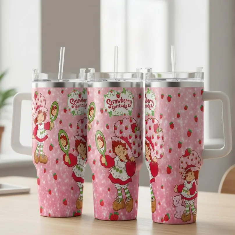 Strawberry Shortcake Insulated Stainless Steel Auto Tumbler Flask - 40oz/30oz Cute Strawberry Print, Durable, Portable Water Bottle for Daily Use, Travel, Birthday Gifts, Flasks, Bottles