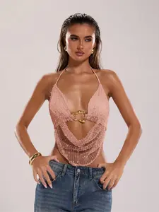 Sexy Halter Neck Tie Back Crop Top, Slim-Fit Summer Casual Wear, Metal Ring Detail, Moderate Fabric Thickness, Perfect for Hot Weather