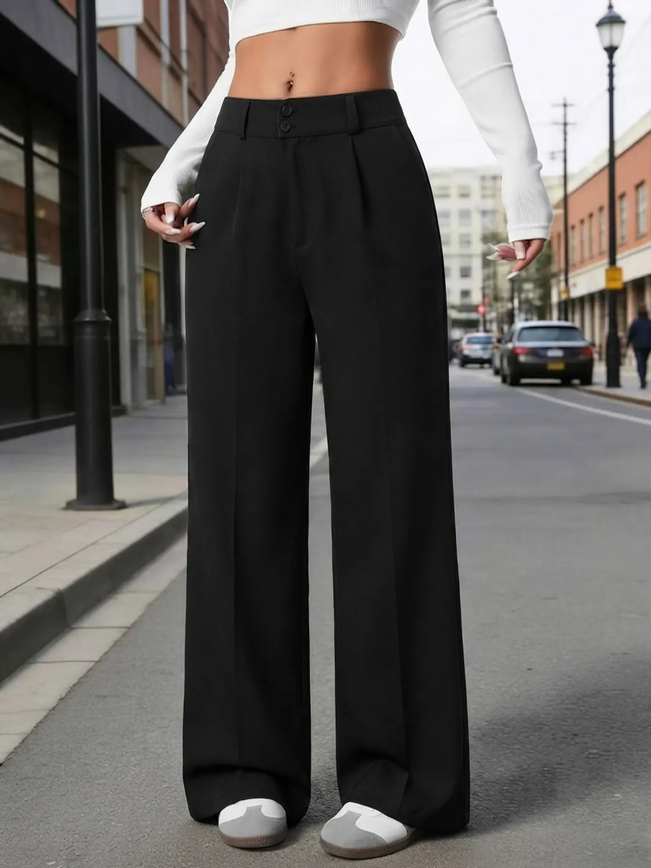 Women’s high-waisted wide-leg pleated casual trousers with a double-button design, featuring an elegant, loose straight cut—ideal for office wear and streetwear.