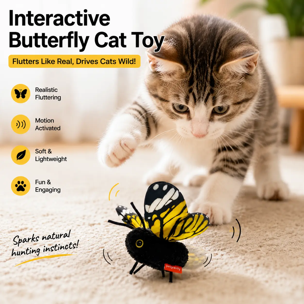 Interactive Electric Butterfly & Bluebird Cat Teaser Toy, 3 Smart Flying Modes, USB Rechargeable Hanging Play Toy with Washable Cover for Indoor Cats