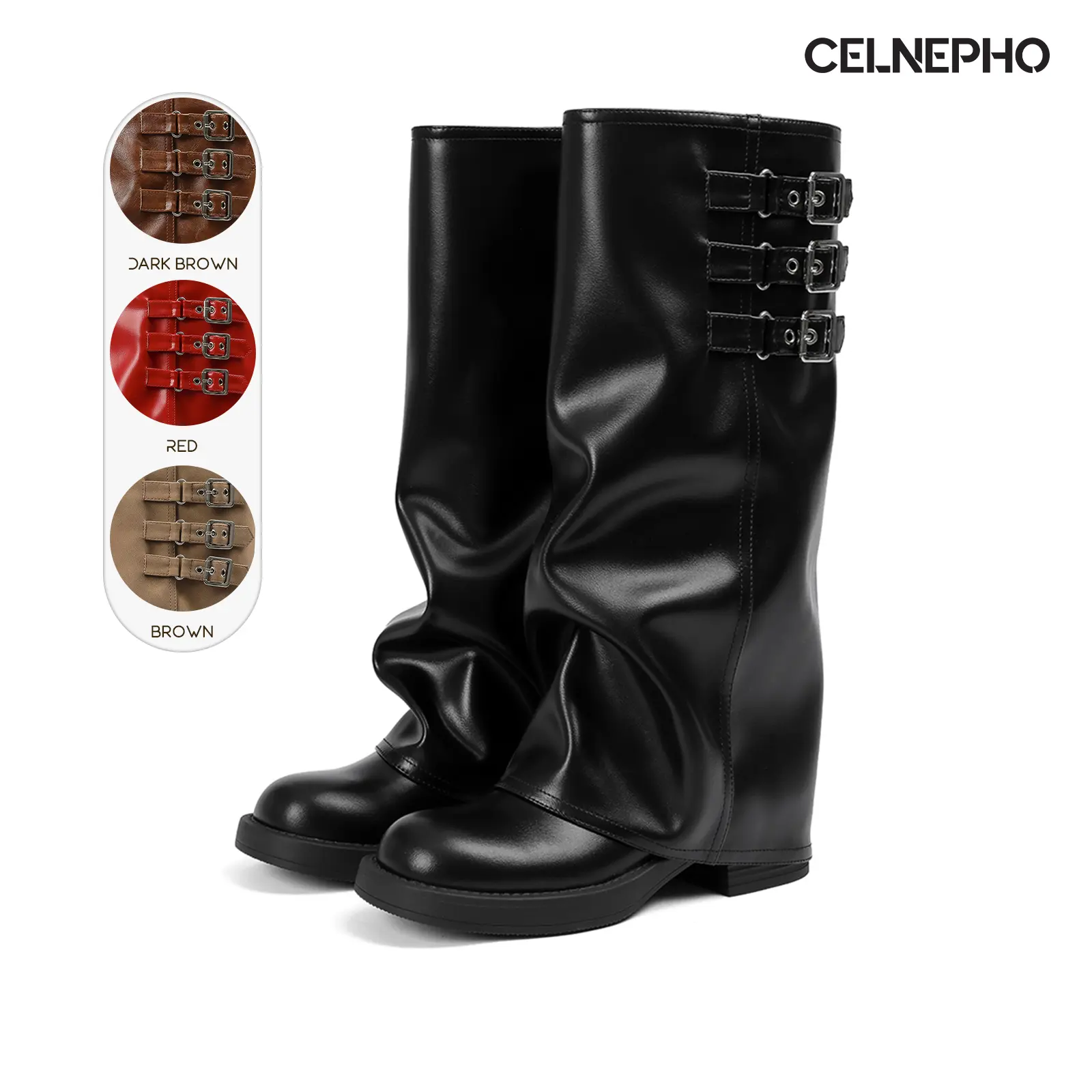 CELNEPHO Womens Knee High Boots Slouchy Fold Over Boot Round Toe Chunky Block Heel Adjustable Buckle Design Wide Easy Pull On Comfy Bike Riding Party Gift Date Work Casual Daily Wear Fall Fashion Long Tall Trendy Dress Shoes