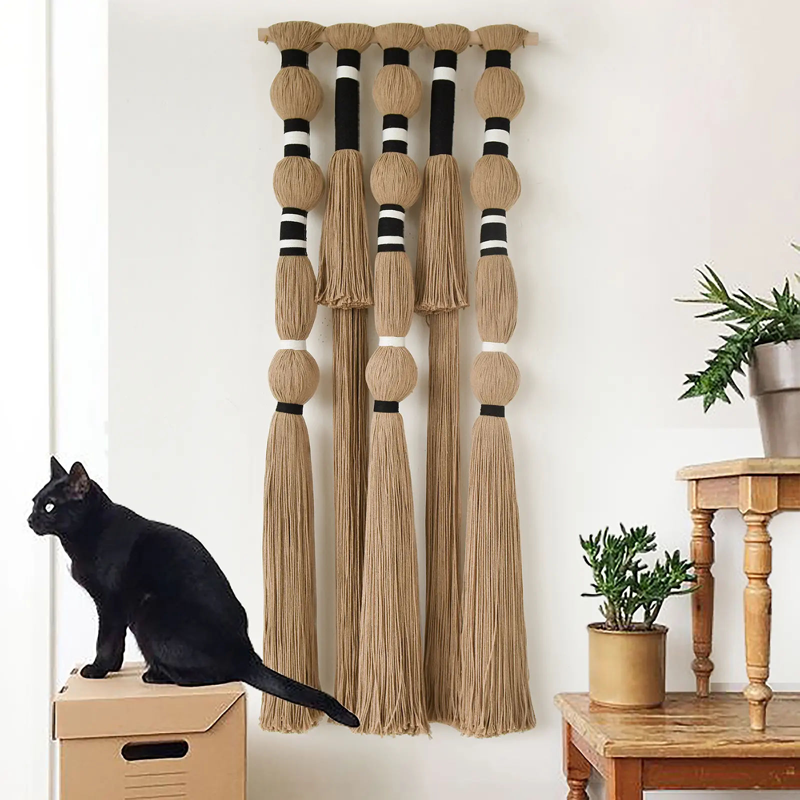 Macrame Wall Hanging Khaki Black Yarn Wall Art  15.7" W x 39" L