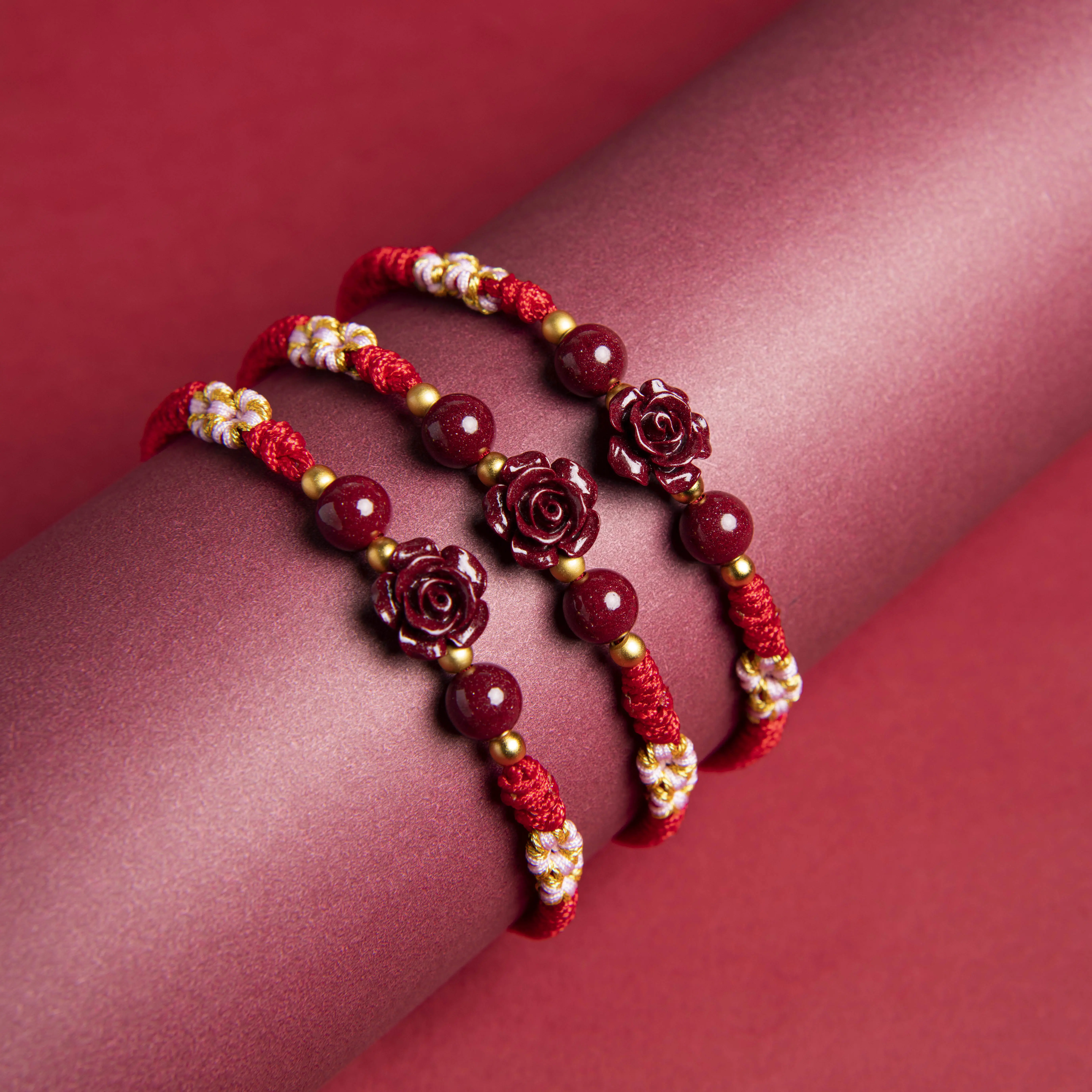 Cinnabar Rose Red String Bracelet with 18K Gold Accents for Love Prosperity and Protection Elegant Design Perfect for Any Occasion