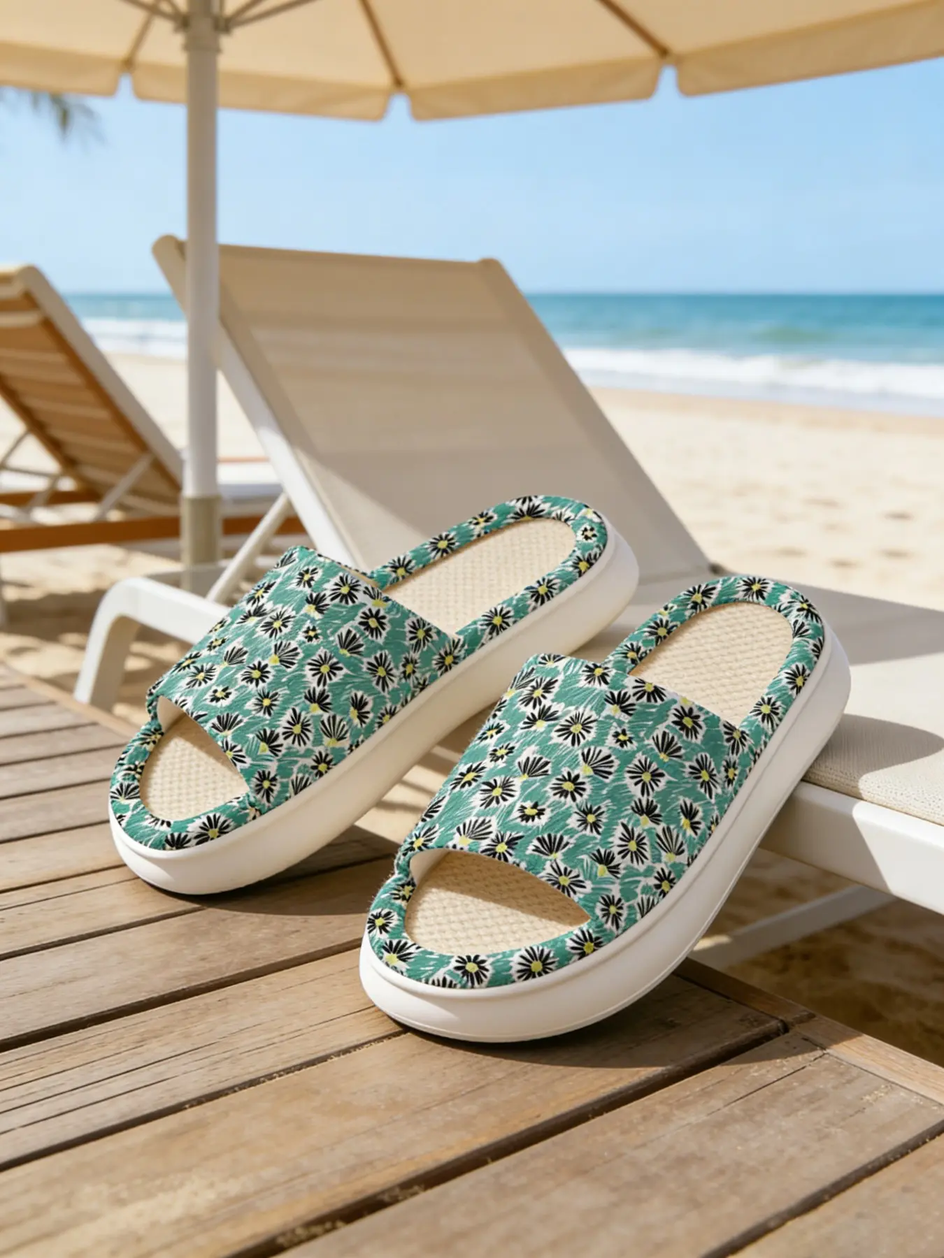 Bottom Daisy Print House Slippers, Waffle Linen Breathable, Fresh Forest Style Daily Thick Sole Sandals, Comfortable Home Footwear
