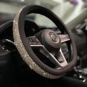 D Shaped Bling Comfy Steering Wheel Cover with   Rhinestones, Anti-Slip  Leather, Flat Bottom 14.5-15 Inch ()