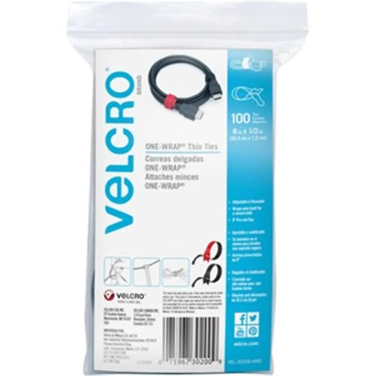 VELCRO Reusable Thin Cloth Hook and Eye Strap, 100-Count Bulk Pack, 1-Piece Design, Secure Hold, 2-Color Assortment, One Piece