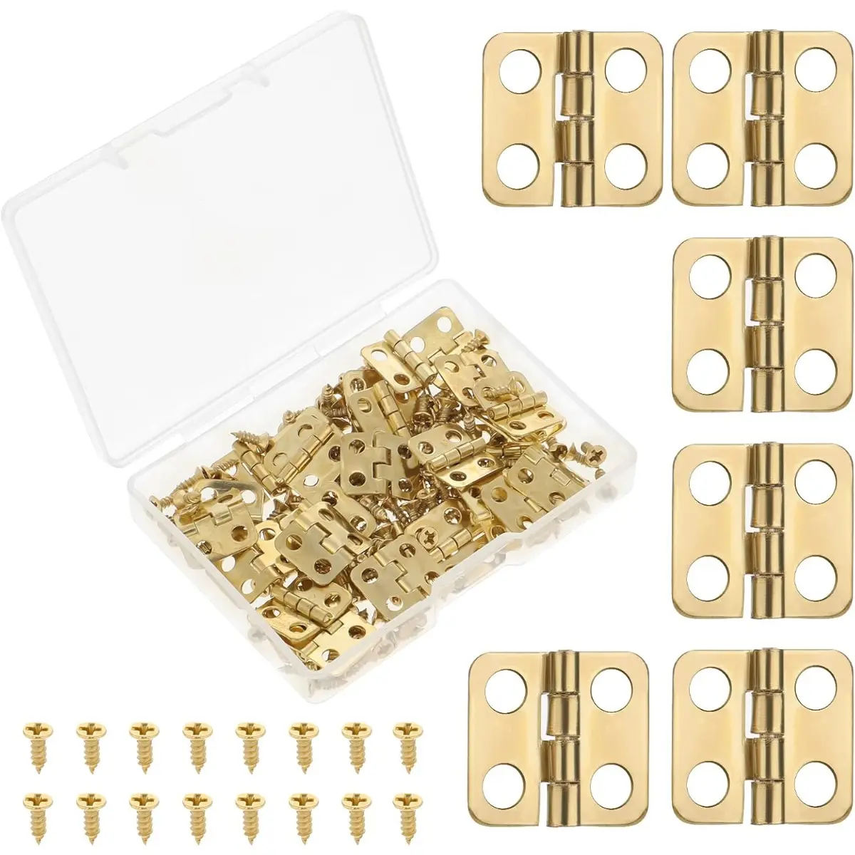 Copper Plated Cabinet Drawer Butt Hinges, 60 PCS 14 x 12 mm Mini Hinges, Small Hinges for Wooden Box, 180 Degree Rotation Hinges with Screws, Miniature Furniture Accessories (Gold)