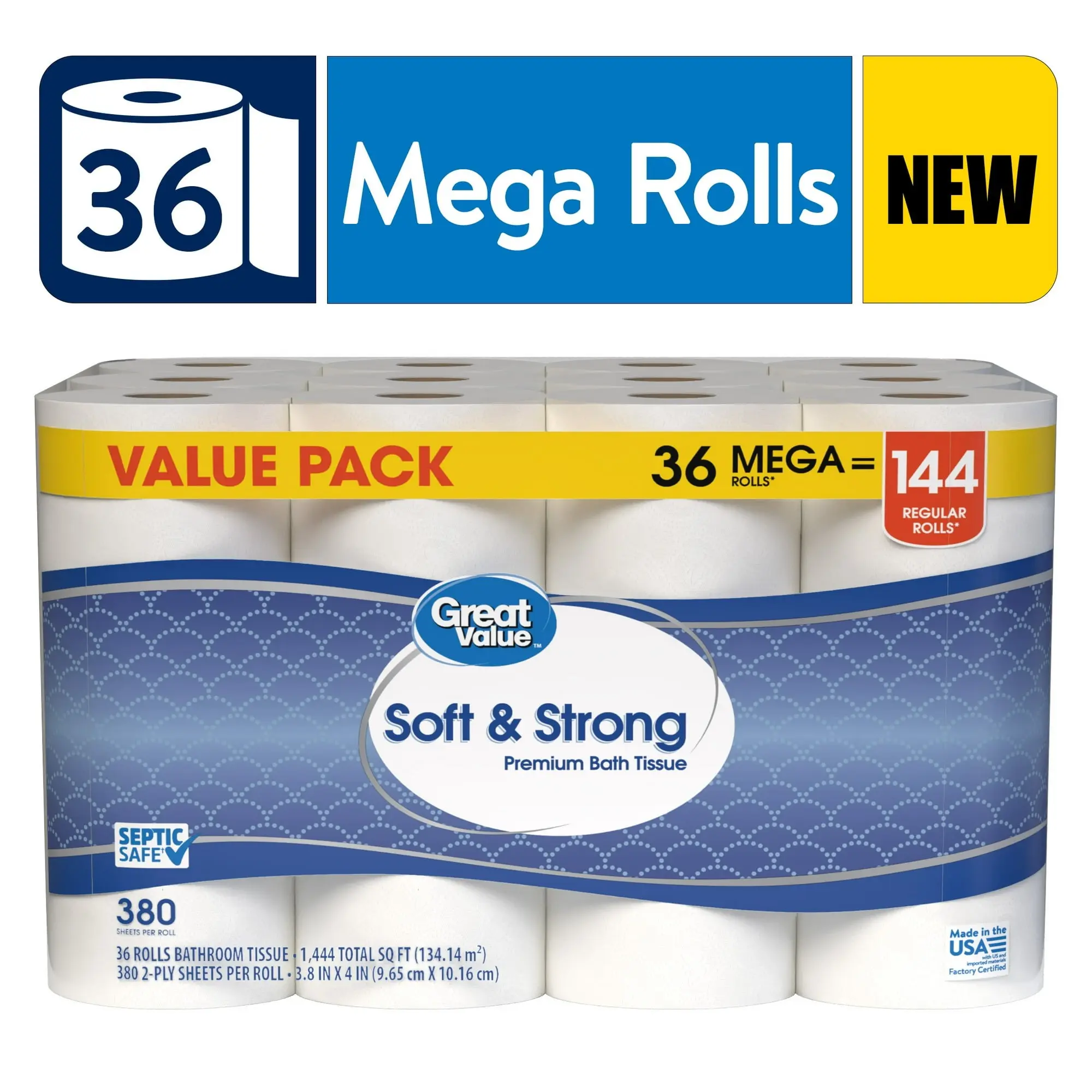 Great Value Soft & Strong Toilet Paper, 36 Mega Rolls, 2-Ply, 380 Sheets per Roll, Unscented