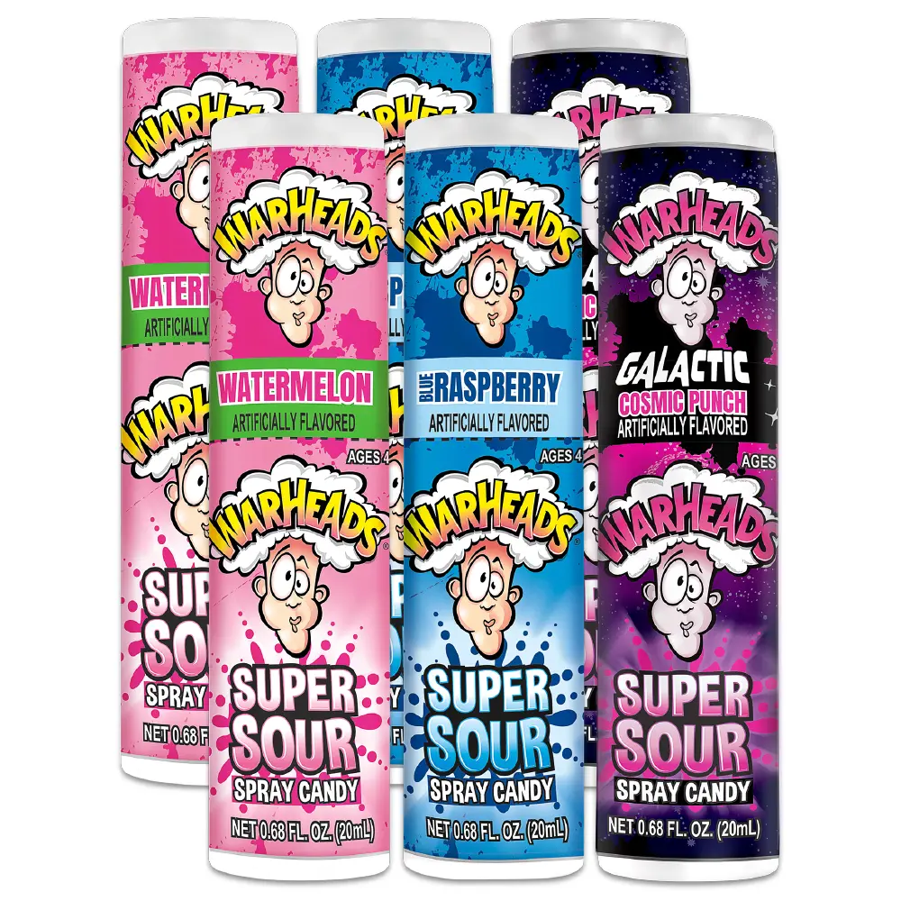WARHEADS Super Sour Candy Spray - Blue Raspberry, Green Apple & Watermelon Flavors - 0.68 oz Bottles - 6 Pack - Intense Sour Experience - Sweet Snack Bonbon